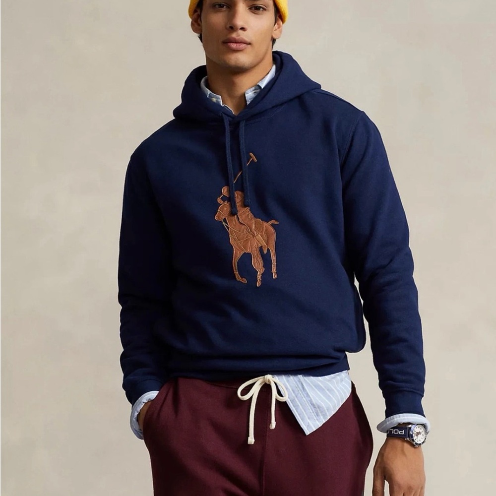 Polo Ralph Lauren Men's RL Fleece Leather Big Pony large Hoodie Navy Mens
